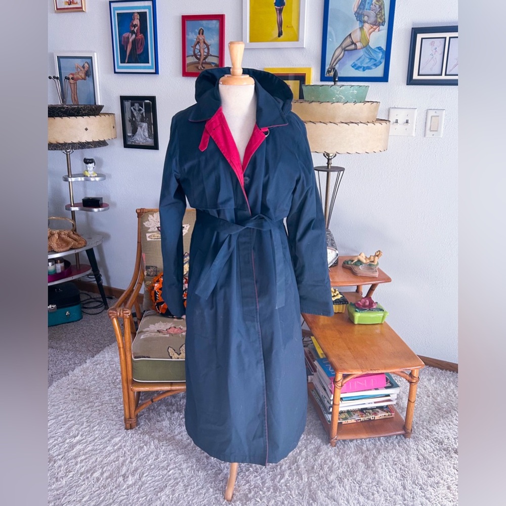 Vintage 1940s style Coat | Navy Blue | Hood | Trench | Belted | M L | 40s | 80s